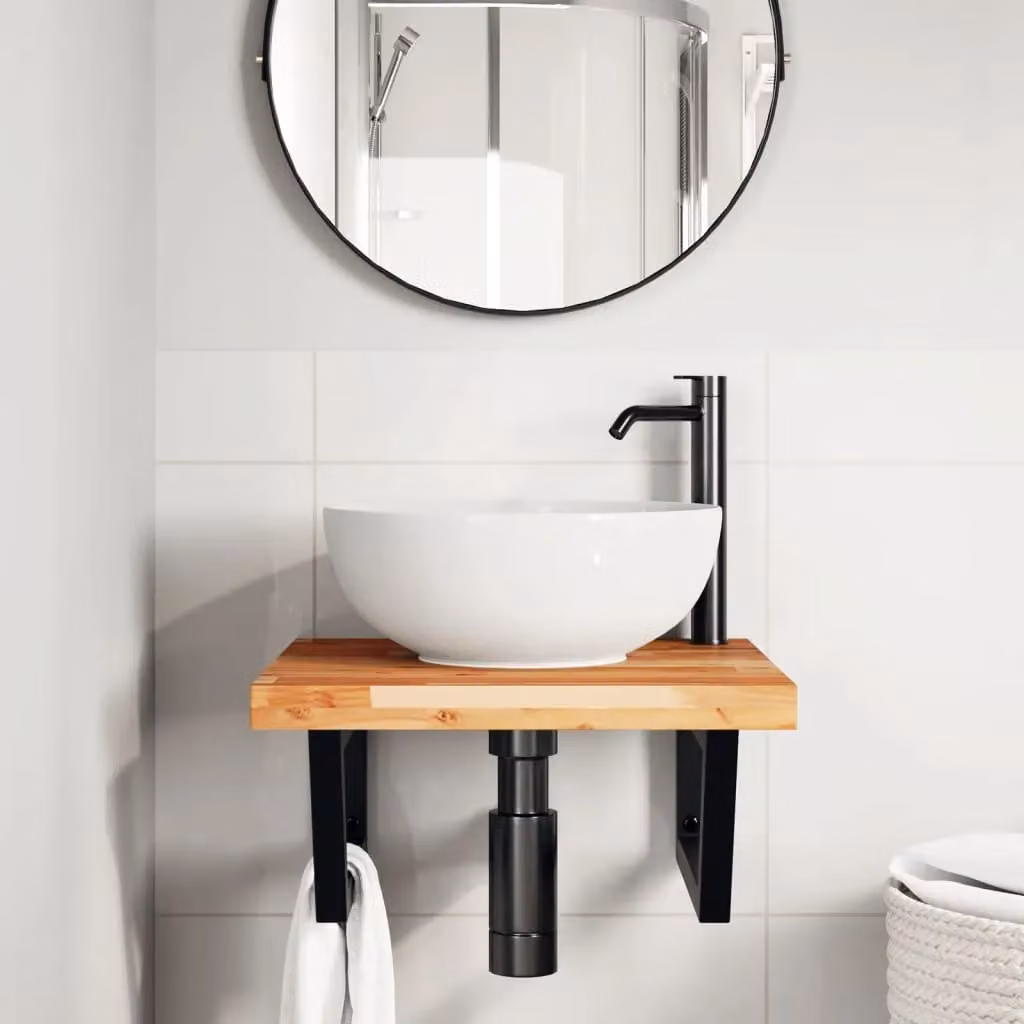 Berkfield Home Wall Mounted Basin Shelf in Brown Steel and Solid Acacia Wood – 2