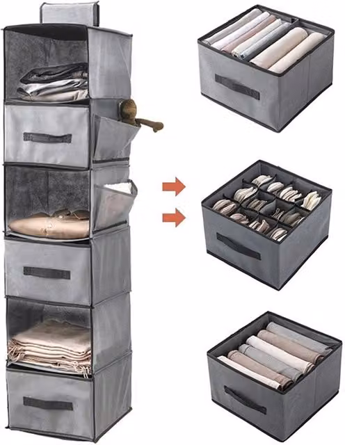 H&O Direct 6-Layer Foldable Hanging Clothes Storage Organiser Bag in Grey