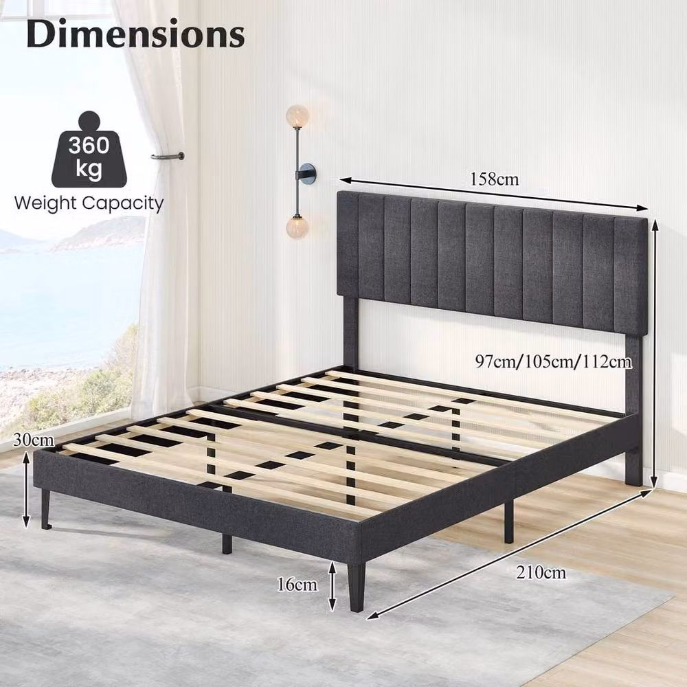 KORVIXA King Size Upholstered Linen Fabric Bed Frame in Grey, W/D/H: 180 x 200 cm – 2