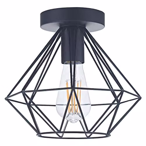 Happy Homewares Industrial Metal Basket Cage Semi Flush Ceiling Light Fitting in Black, Height: 25 cm – 1