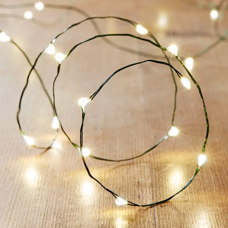 Lights4fun Indoor Green Micro Fairy String Lights with 50 Warm White LEDs on Copper Wire, Battery Operated, 4.95m