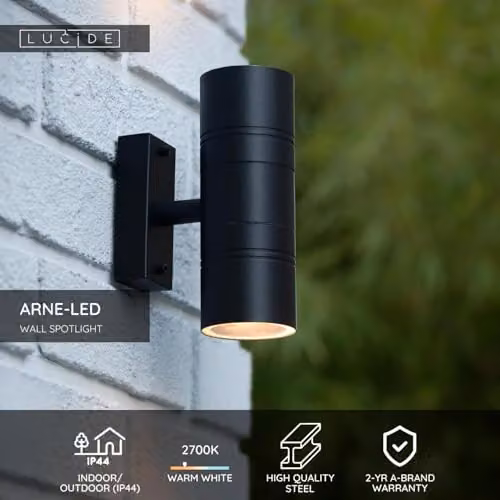 Lucide ARNE Black Adjustable LED Up Down Outdoor Wall Spotlight with GU10 Warm White Bulb – 2