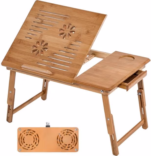 tectake Kerstin Laptop Stand in Brown with Height-Adjustable Tilting Bamboo Top