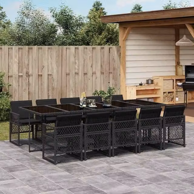 Berkfield Home 11 Piece Black Poly Rattan Garden Dining Set with Cushions and Glass Table