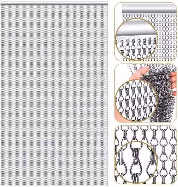 EONLION Silver Aluminium Metal Chain Fly Screen Door, W: 90 cm, H: 214 cm – 1