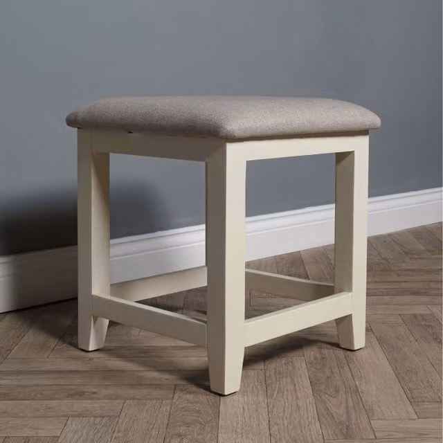 ELM Home And Garden Lacquered White and Beige Fabric Dressing Stool, W/D/H: 47 x 42 x 47 cm