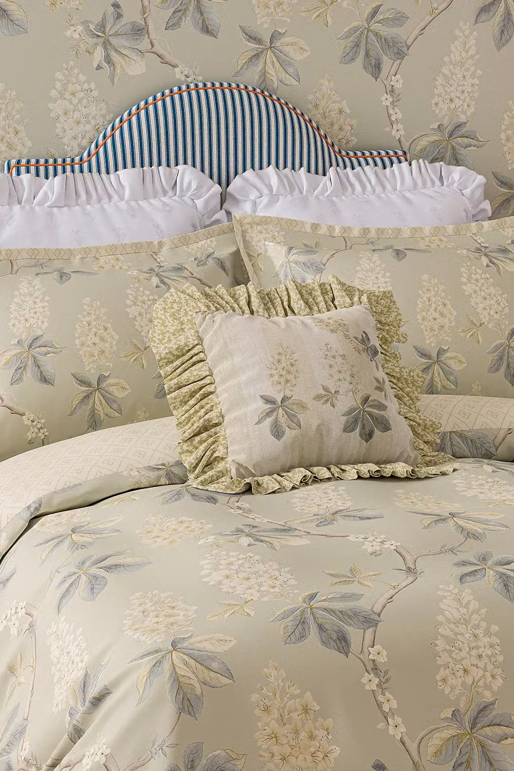 Sanderson Chestnut Tree Cotton Square Cushion in Grey, Blue and Green, W/D/H: 45 x 45 x 45 cm