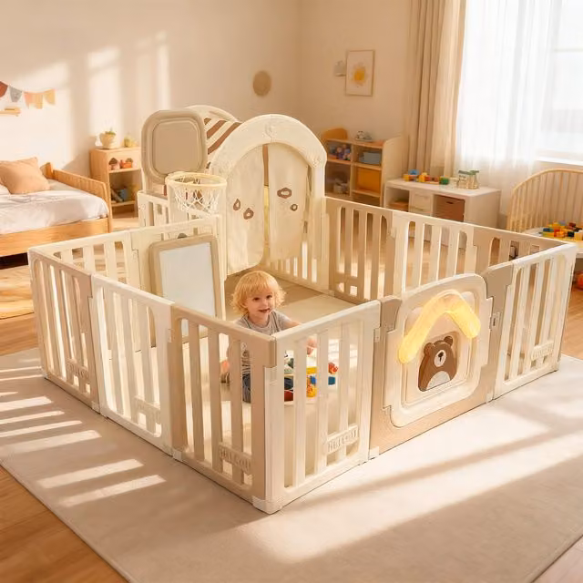 GALACTICA Rectangular Baby Playpen Playhouse in White and Brown, W/D/H: 186 x 147 x 237 cm