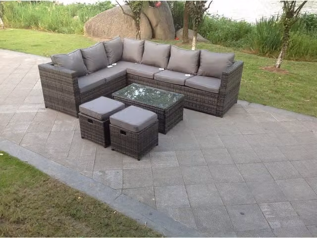 Fimous 8 Seater Rattan Corner Sofa Set in Dark Grey with Coffee Table, 2 Stools and Chair, Left Hand Facing