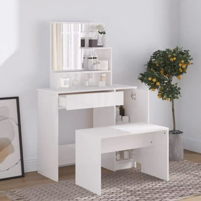 Berkfield Home Beautiful Dressing Table with Mirror in High Gloss White, W: 86.5 cm, D: 35 cm, H: 136 cm – 1