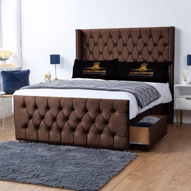 UK Bed Furniture Emily Wingback Divan Bed with 2 Foot End Drawers and 54 Inch Headboard in Brown Velvet, W/D/H: 140 x 200 cm