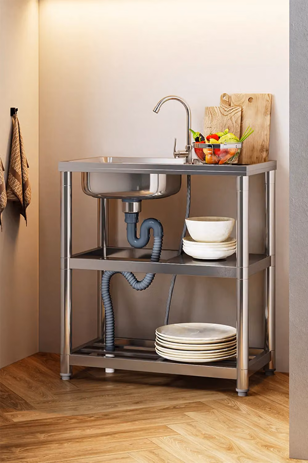 Living and Home Stainless Steel One Compartment Kitchen Sink with Drainboard and Shelves, Silver, W/D/H: 80 x 75 x 40 cm – 2
