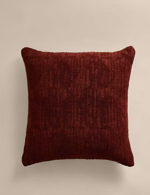 M&S Pure Cotton Chenille Jacquard Square Cushion in Chestnut Brown and Red