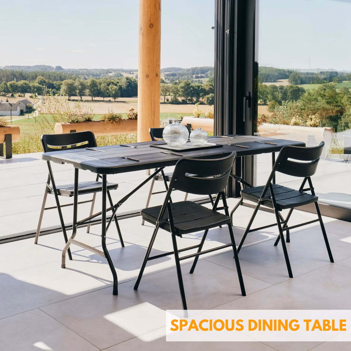Novecrafto 6ft Folding Table and 4 Folding Chairs Set in Black with Powder Coated Steel Frames and Plastic Surfaces – 2