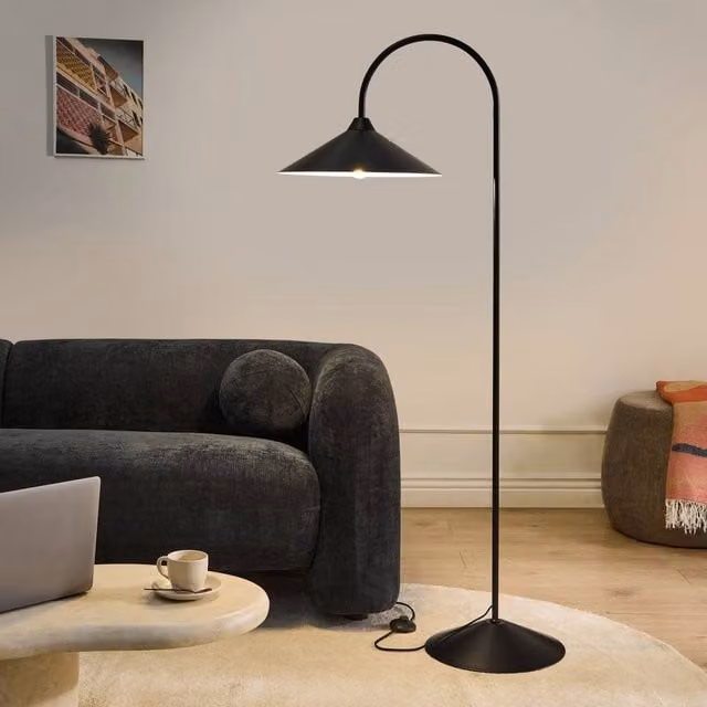 Wyld and Coco Arched Floor Lamp in Black Metal with Dimmable LED Cone Shade