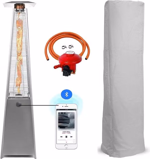 BU-KO 13kW Stainless Steel Pyramid Patio Gas Heater with Bluetooth and Wheels in Silver