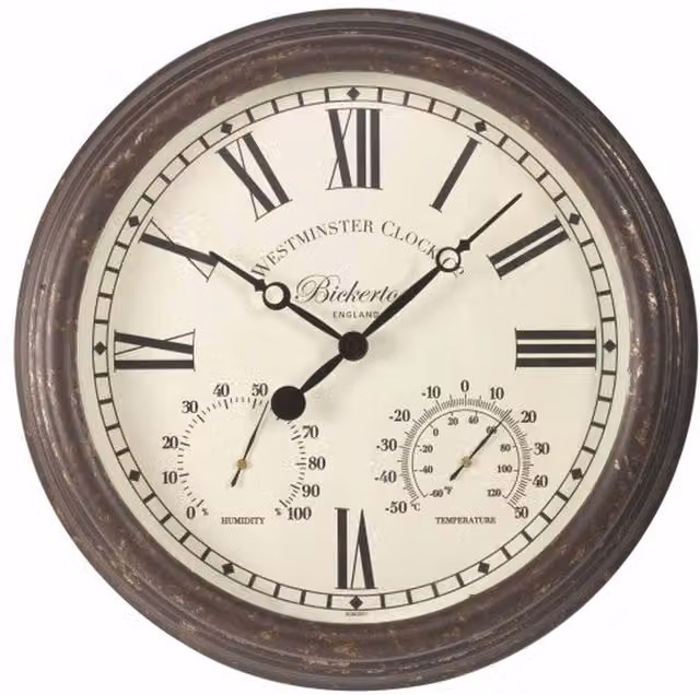 Bickerton Classic Round Quartz Wall Clock and Thermometer in Brown, Diameter: 38.1 cm