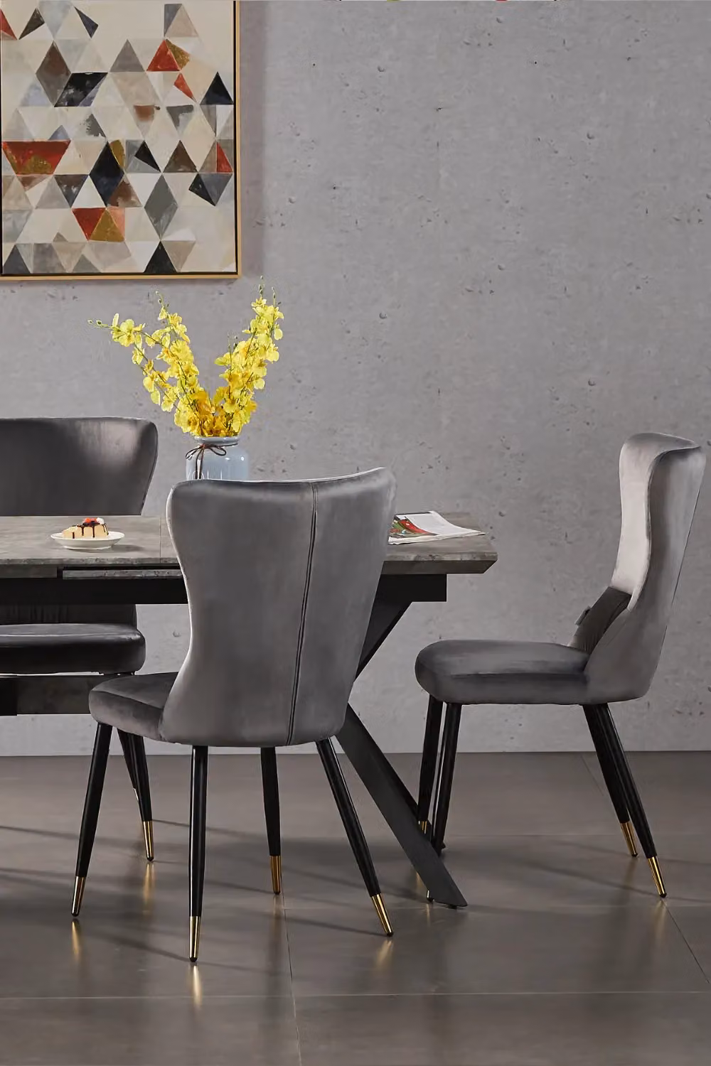 Life Interiors Set of 2 New York Modern Velvet Dining Chairs in Grey with Black Metal Legs and Gold Tips – 4