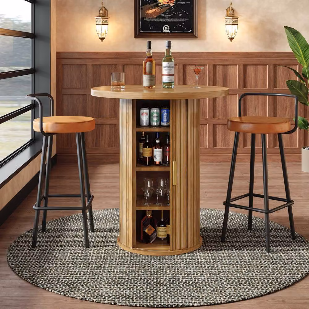 BTM Round Bar Table and Storage Cabinet in Sand and Brown, H 91.6 x W 60.0 x D 60.0 cm – 2