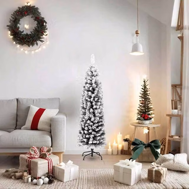 Berkfield Home Slim Flocked Artificial Christmas Tree in Green and White, Height: 150 cm – 1