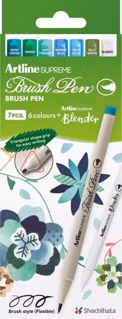 Artline Supreme Brush Pens in Green, Pack of 7