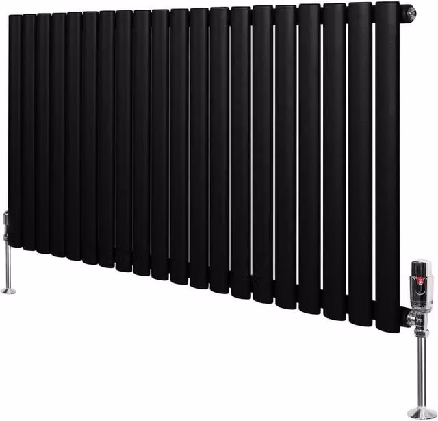 Monstershop Oval Single Column Steel Radiator and Thermostat Valves, Black, H: 120 cm, W: 60 cm, D: 6 cm