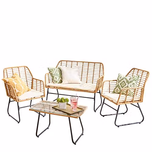 Neo 4 Piece Modern Wicker Rattan Garden Furniture Set with Table and Cushions in Black, Beige and Grey – 2