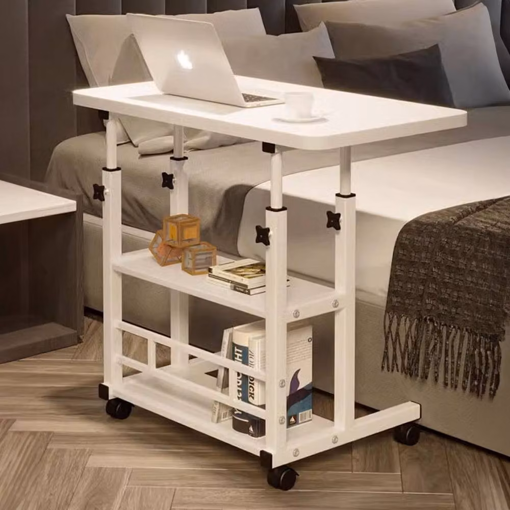 Living and Home 3-Tier Height Adjustable Mobile Overbed Desk with Shelves and Castors in White – 5