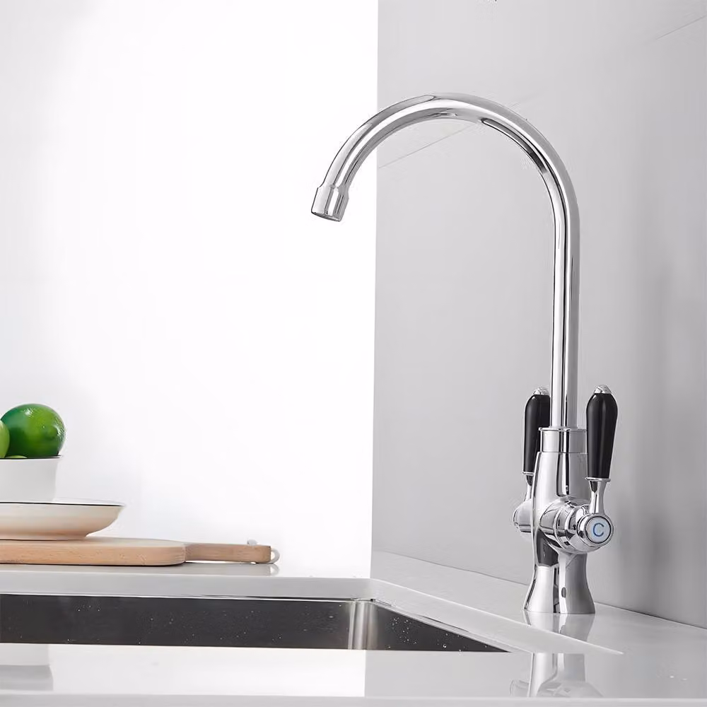 Heable Chrome and Black Ceramic Dual-Lever Monobloc Kitchen Mixer Tap with Swivel Spout in Silver – 2