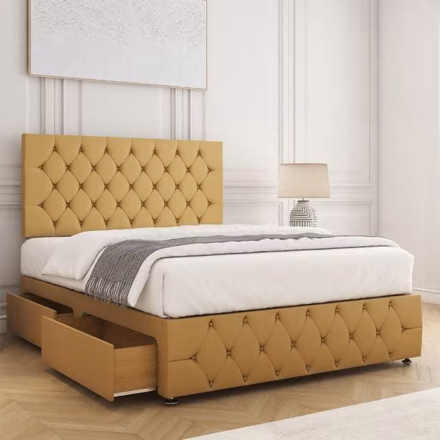 BSSPOKE Mulberry Velvet King Size Divan Bed with 24 inch Headboard, Footboard, 4 Drawers and Mattress in Yellow, W/D/H: 180 x 200 cm