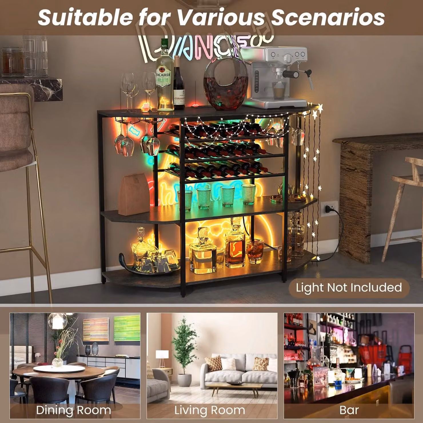 Costway 3 Tier Industrial Wine Bar Cabinet with Glass Holder in Grey – 4