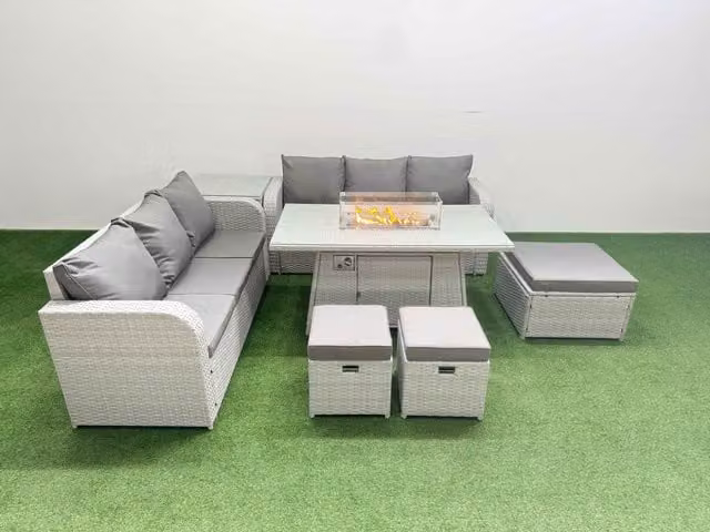 Fimous 9 Seater Grey Wicker Rattan Garden Furniture Set with Firepit Dining Table, High Back Lounge Sofa, 3 Stools and Side Table