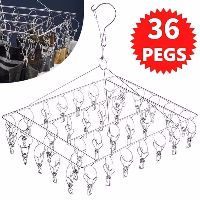 Nordara 36 Clip Stainless Steel Clothes Drying Hanger Rack in Silver, W: 100 cm, D: 15 cm, H: 15 cm