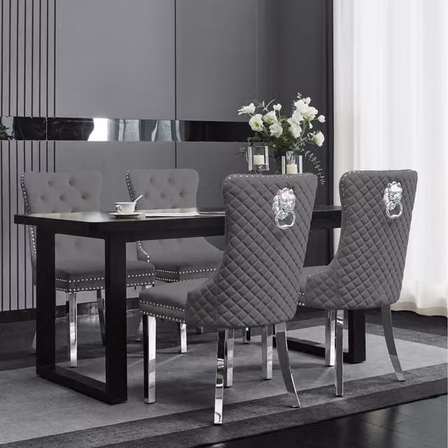 Set of 2 Groundlevel Plush Velvet Dining Chairs with Lion Head Knocker in Grey