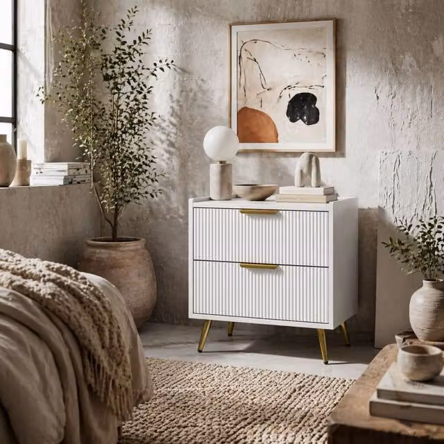 Wyld Haus Yoha White Ribbed 2 Drawer Bedside Table with Gold Handles – 1