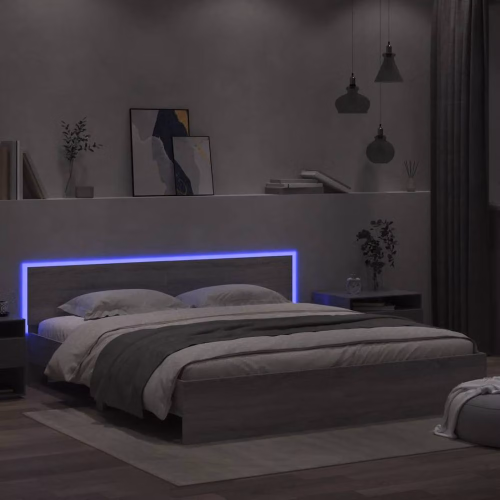 Berkfield Home Modern Grey Bed Frame with Under-Bed LED Lighting and Drawers, W/D/H: 200 x 200 x 70 cm – 3