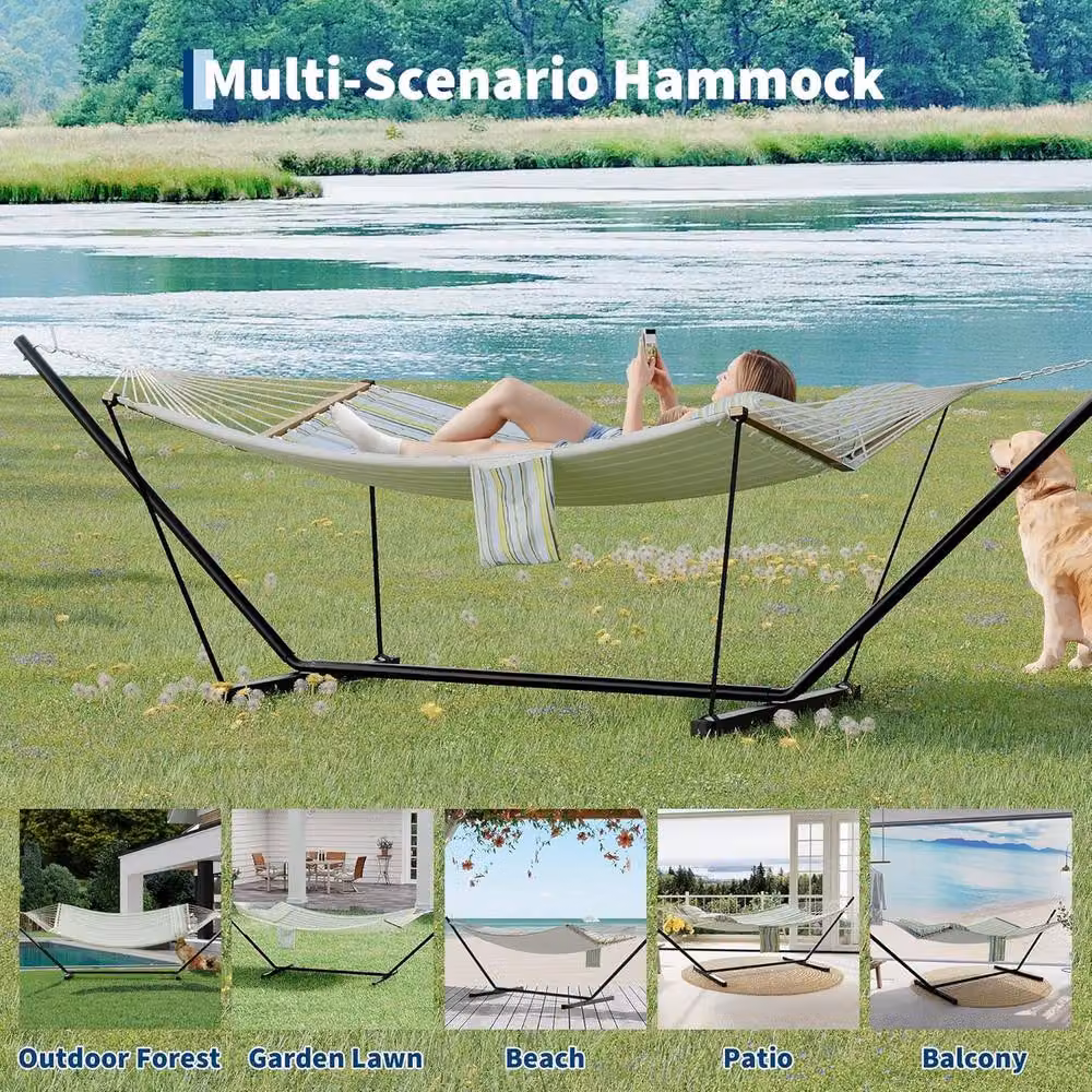 London Boutique Double Hammock with Stand and Cushions in Multicolour Striped Fabric – 6