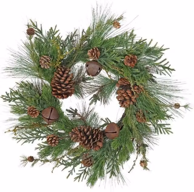KDMD Green Pine Leaves Cone and Bell Wreath