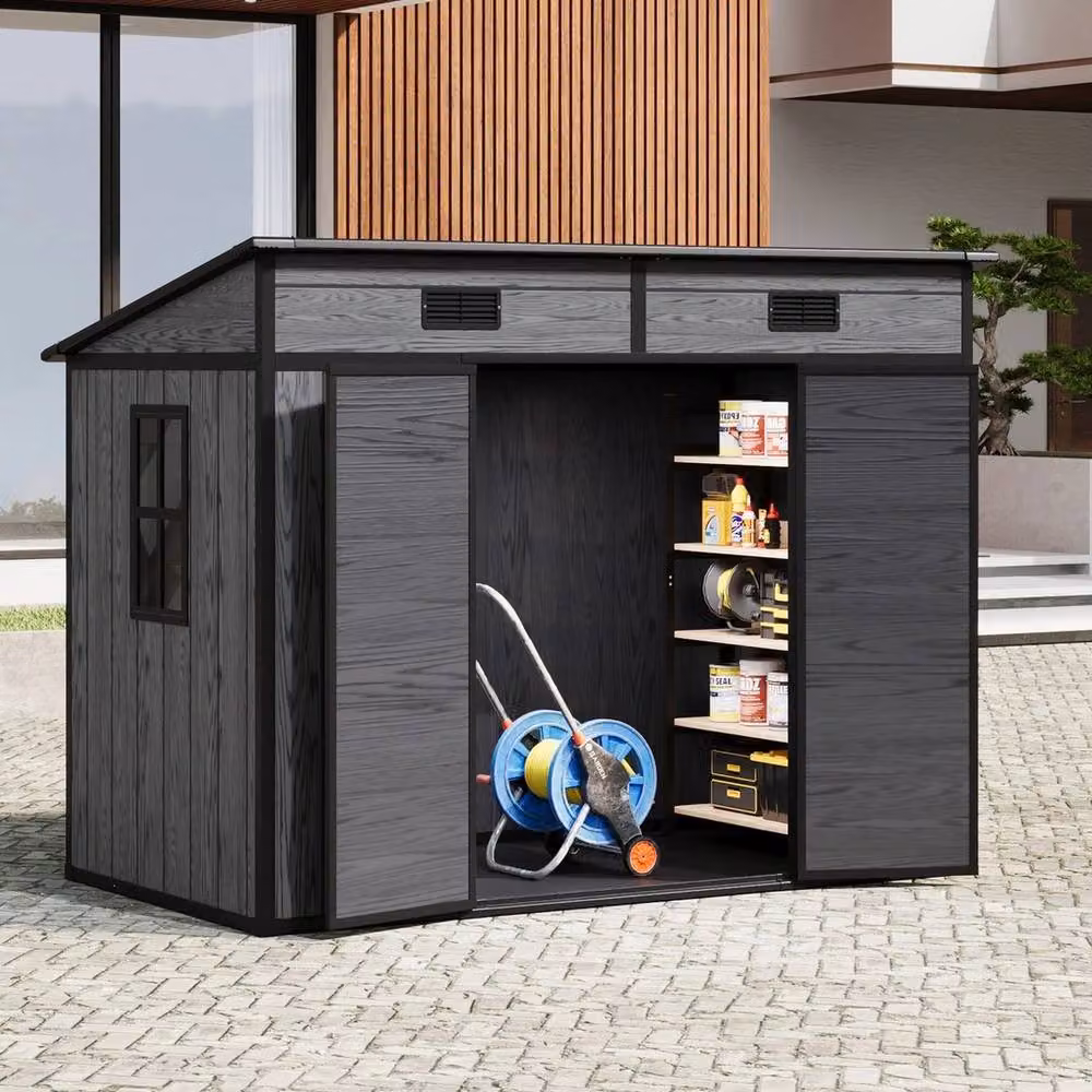 FLAVORA Grey Plastic Pent Outdoor Garden Shed for Tools and Bike Storage – 4