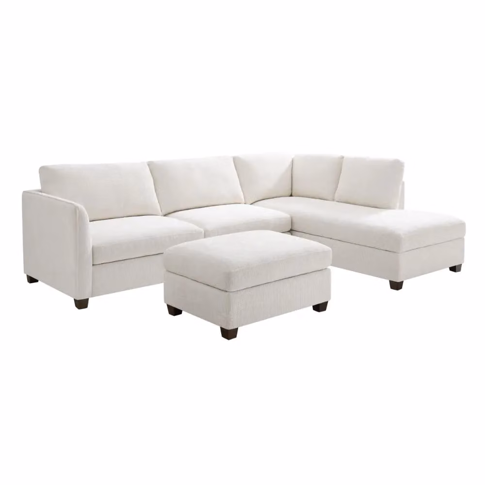 Home Detail Ben Right-Hand Corner Sofa with Matching Ottoman in Cream Beige Fabric – 2