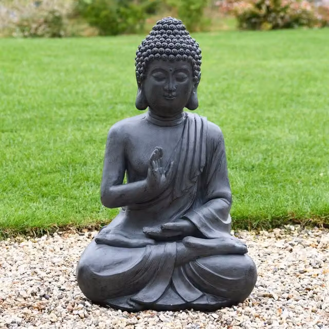 Garden Gear Large Dark Stone Effect Sitting Buddha Garden Ornament in Dark Grey