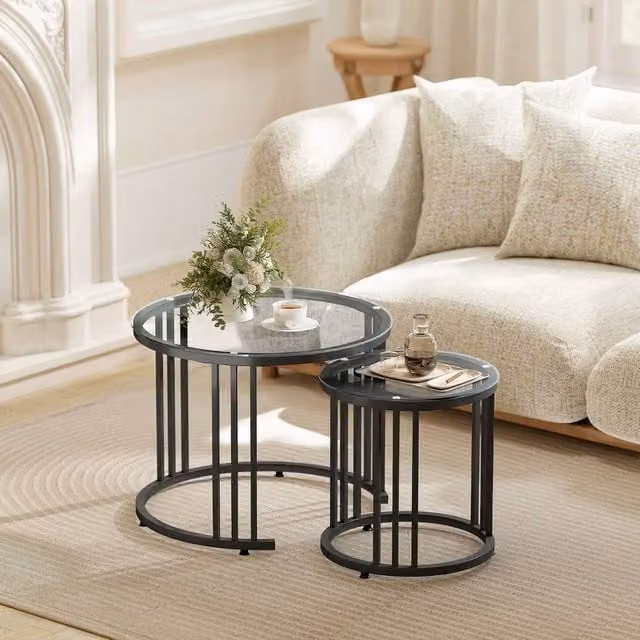 HOMCOM Set of 2 Round Nesting Coffee Tables with Black Tempered Glass Tops