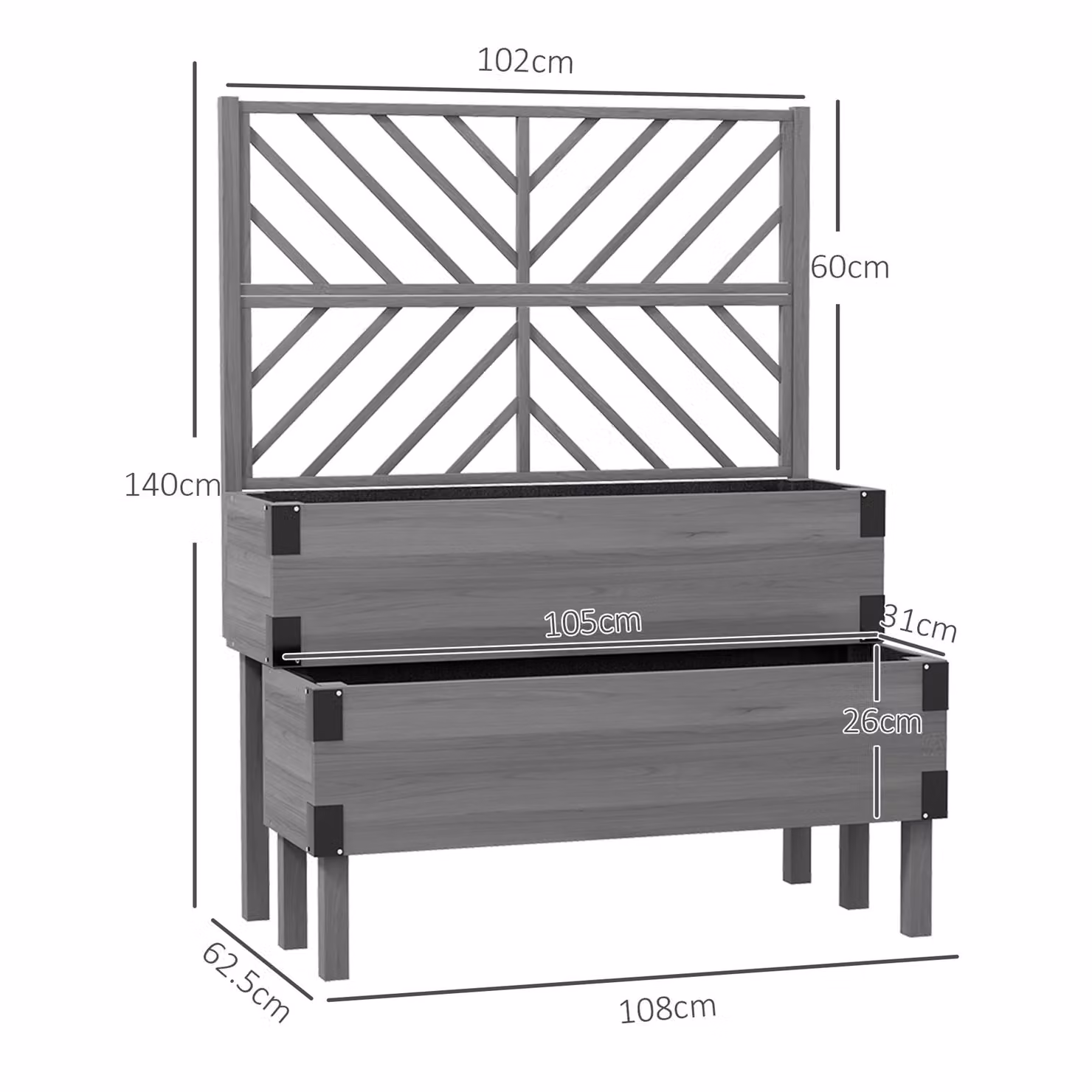 Outsunny 2-Tier Wooden Raised Garden Bed with Trellis in Grey, W/D/H: 140.0 x 62.5 x 108.0 cm – 3
