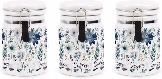Purely Home Blue and White Floral Ceramic Tea, Coffee and Sugar Storage Canister Set