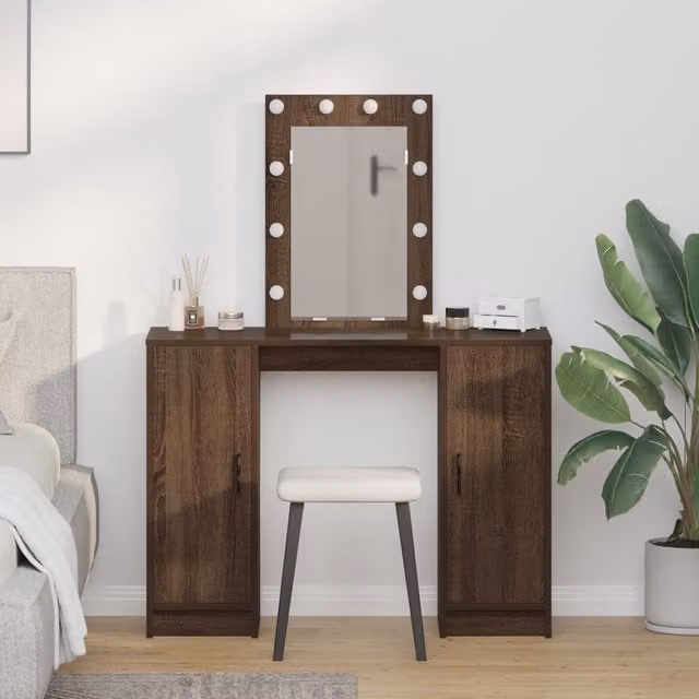 Berkfield Home Brown Oak Dressing Table with Hollywood LED Lights, W/D/H: 102 x 33 x 135 cm