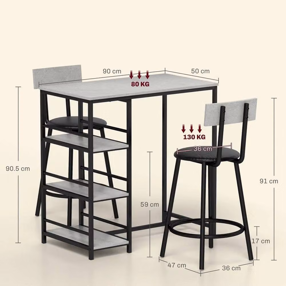 KORVIXA 3 Piece Breakfast Bar Table Set with Storage Shelves in Black – 2