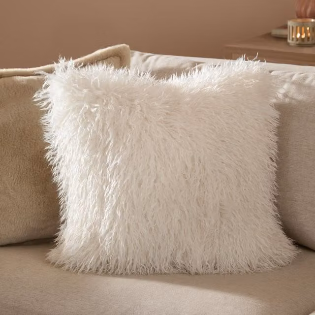 Furn Rowan Faux Fur and Velvet Decorative Cushion, Beige and White, W/D/H: 50 x 50 x 50 cm – 2
