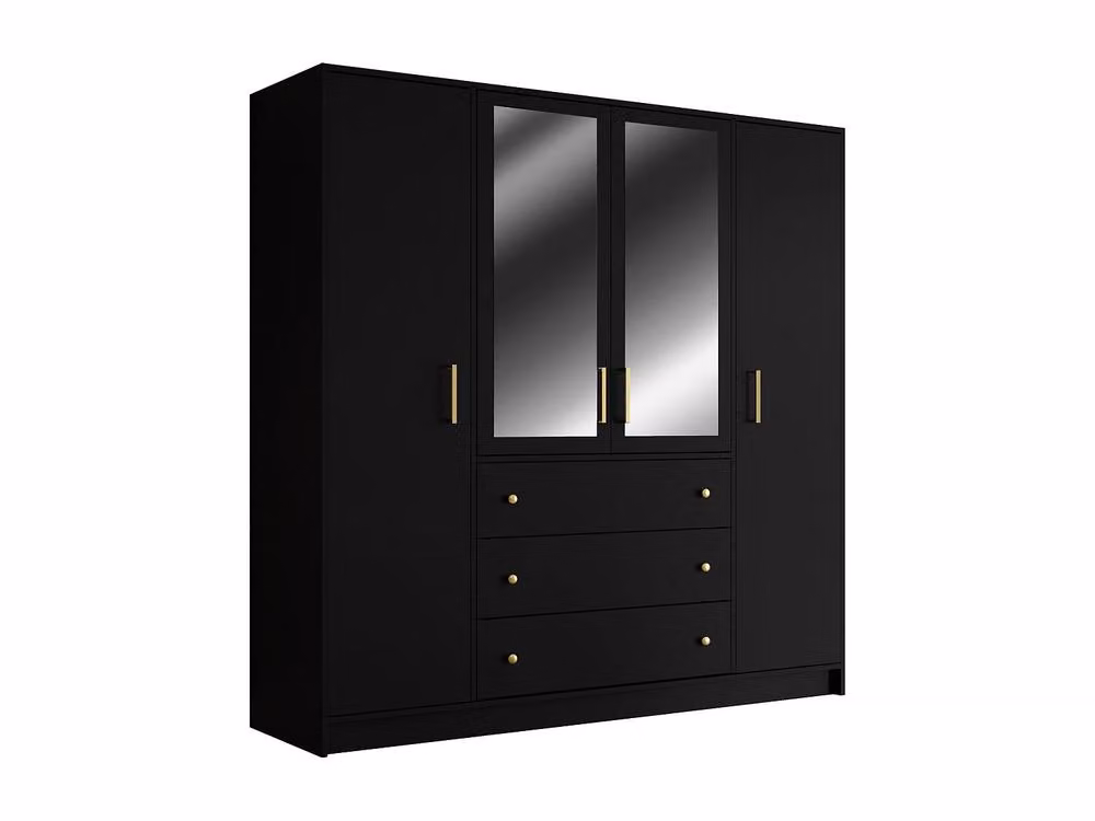 Vente-unique Modern Black and Gold Wardrobe with 4 Mirrored Doors, 3 Drawers and Soft-Close Hinges, W: 196 cm, H: 200 cm, D: 58 cm – 2