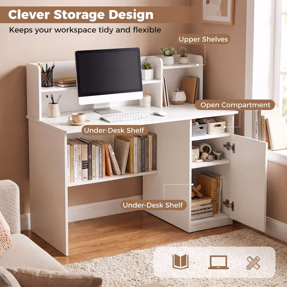 Gymax Modern White Computer Desk with Storage Cabinet and Monitor Stand for Home Office – 3