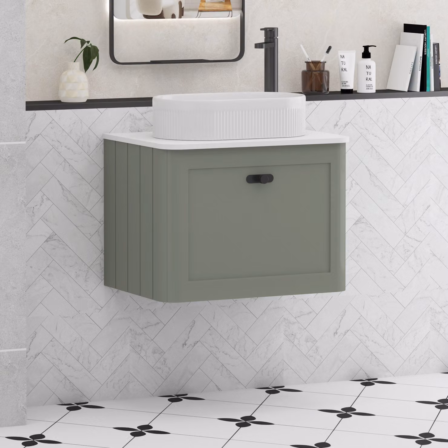 Royal Bathrooms Henley 600mm Sage Green Wall Hung Vanity Unit with 1 Drawer, Plain White Worktop, Lyon Basin and Matt Black Knob
